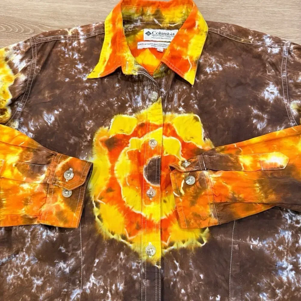Vintage 90s Tie Dye Top Shirt Size Medium Brown Orange Cotton Hippie Artsy Boho